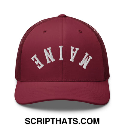 Upside Down Maine Embroidered Mesh Trucker Hat Cranberry