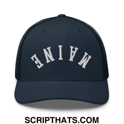 Upside Down Maine Embroidered Mesh Trucker Hat Navy