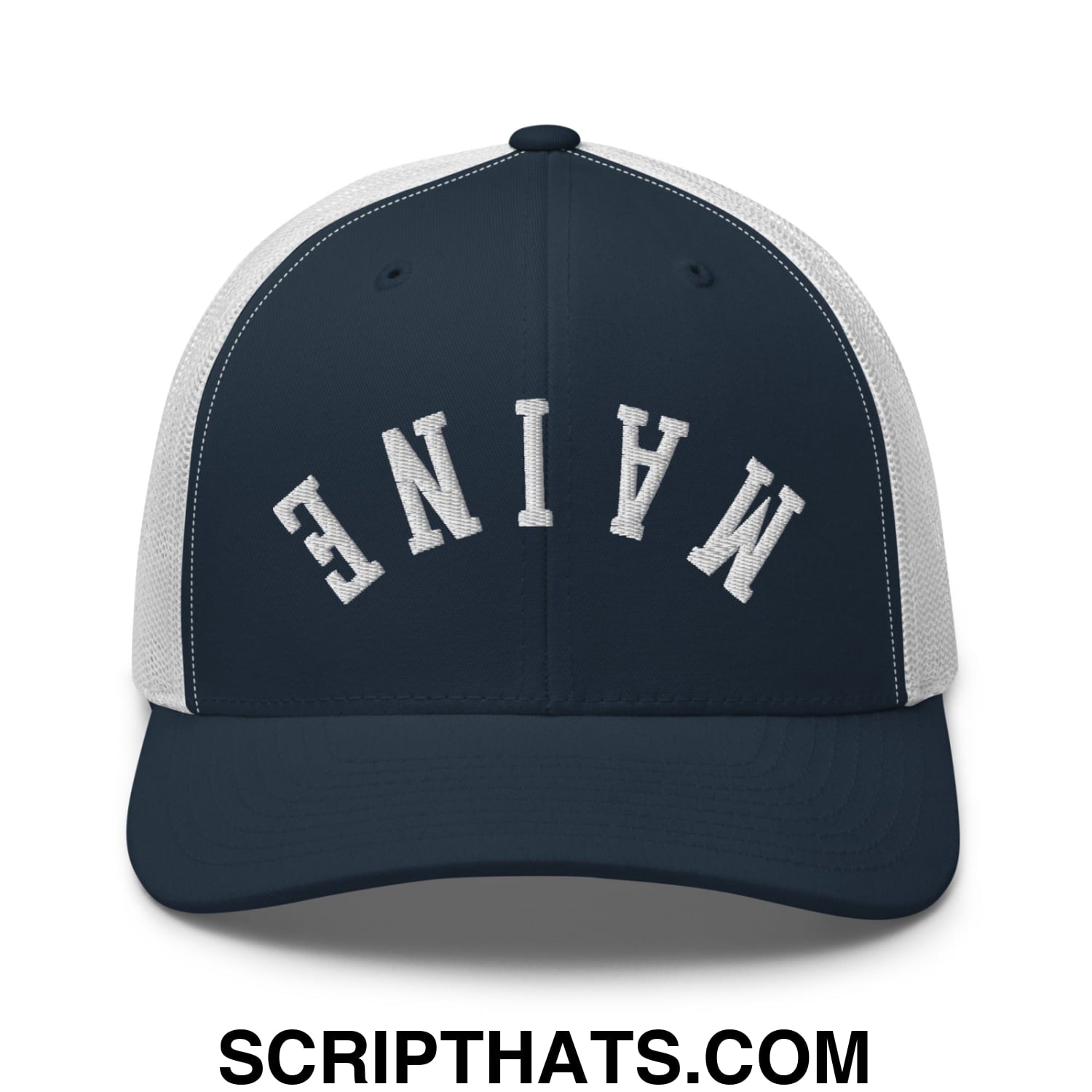 Upside Down Maine Embroidered Mesh Trucker Hat Navy White