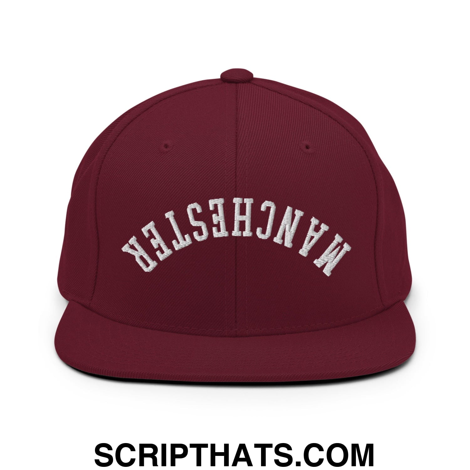 Upside Down Manchester Embroidered Flat Bill Brim Snapback Hat Maroon