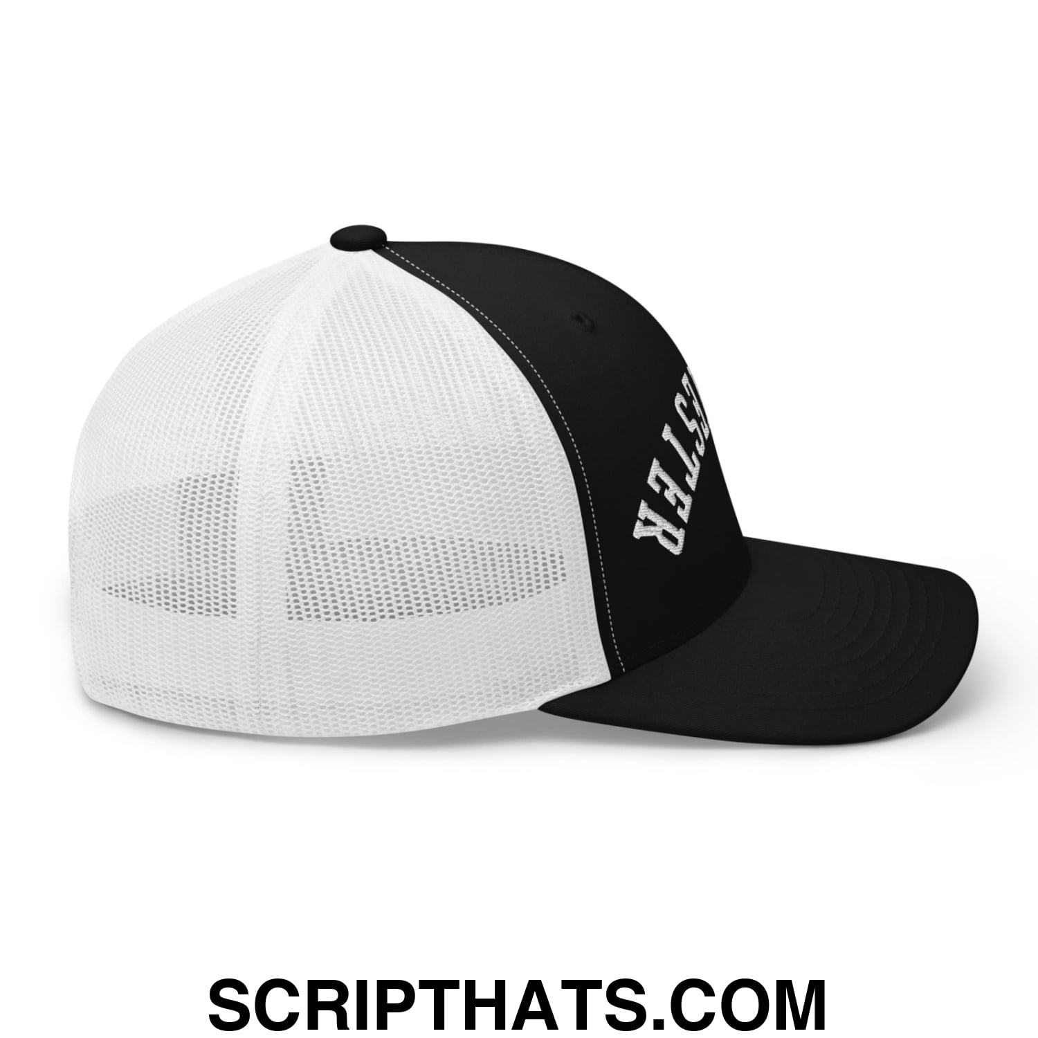 Upside Down Manchester Embroidered Mesh Trucker Hat Black White