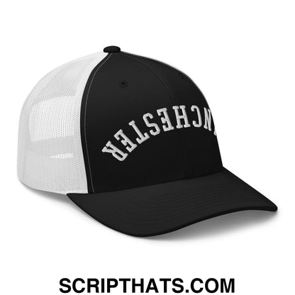 Upside Down Manchester Embroidered Mesh Trucker Hat Black White