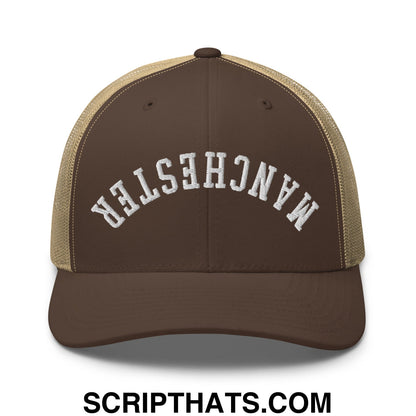 Upside Down Manchester Embroidered Mesh Trucker Hat Brown Khaki