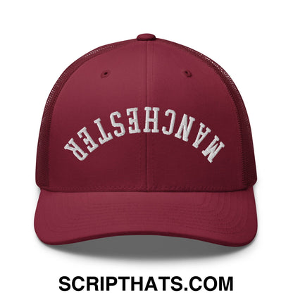 Upside Down Manchester Embroidered Mesh Trucker Hat Cranberry