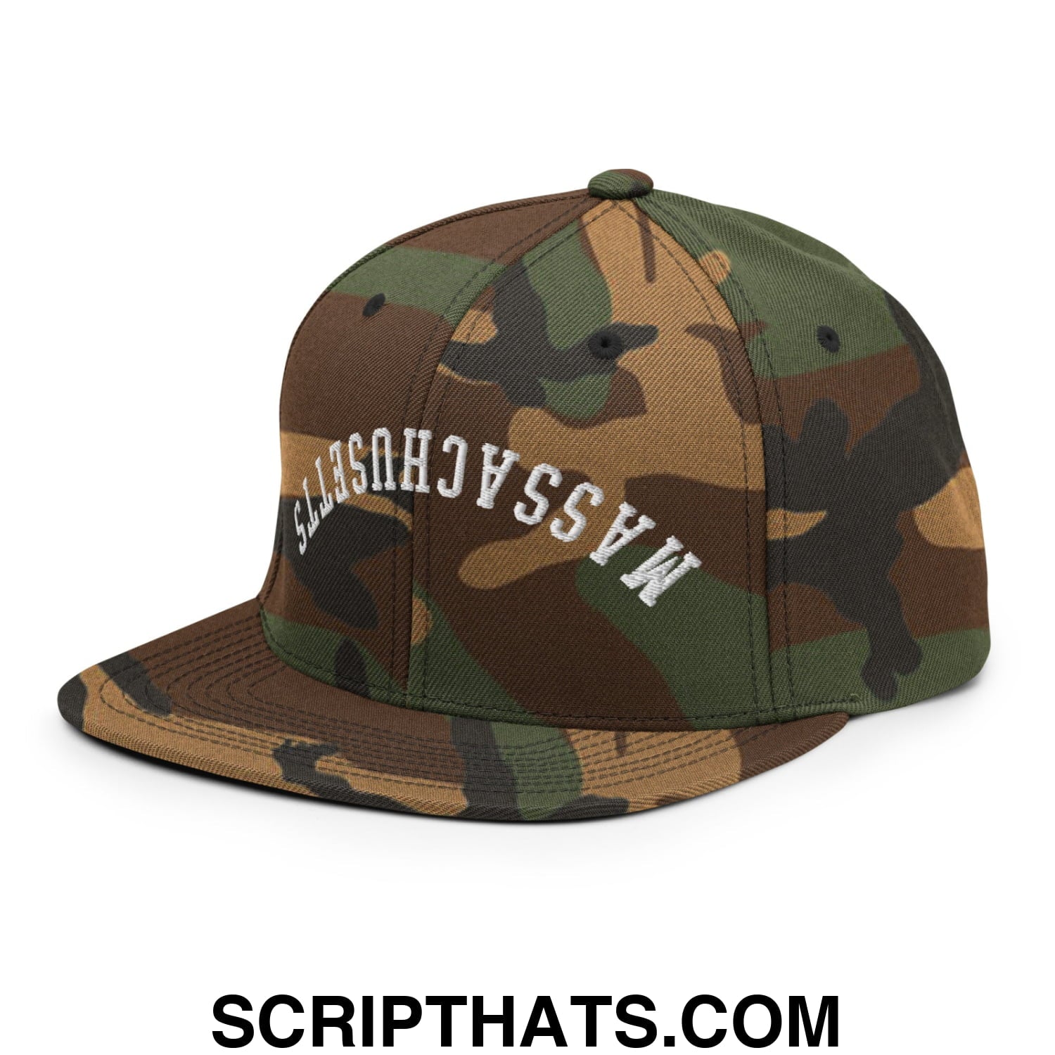 Upside Down Massachusetts Embroidered Flat Bill Brim Snapback Hat Green Camo