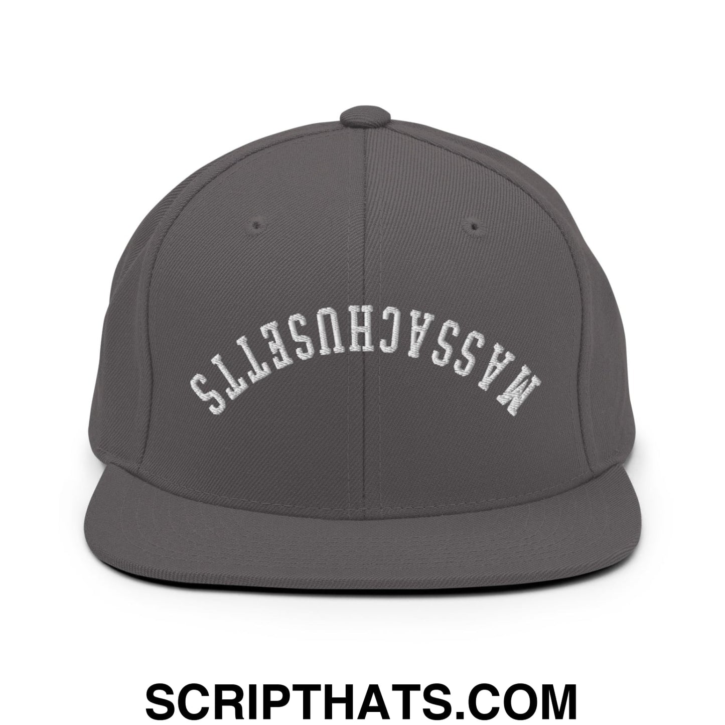 Upside Down Massachusetts Embroidered Flat Bill Brim Snapback Hat Dark Grey
