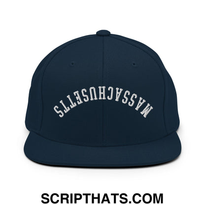Upside Down Massachusetts Embroidered Flat Bill Brim Snapback Hat Dark Navy