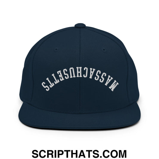 Upside Down Massachusetts Embroidered Flat Bill Brim Snapback Hat Dark Navy