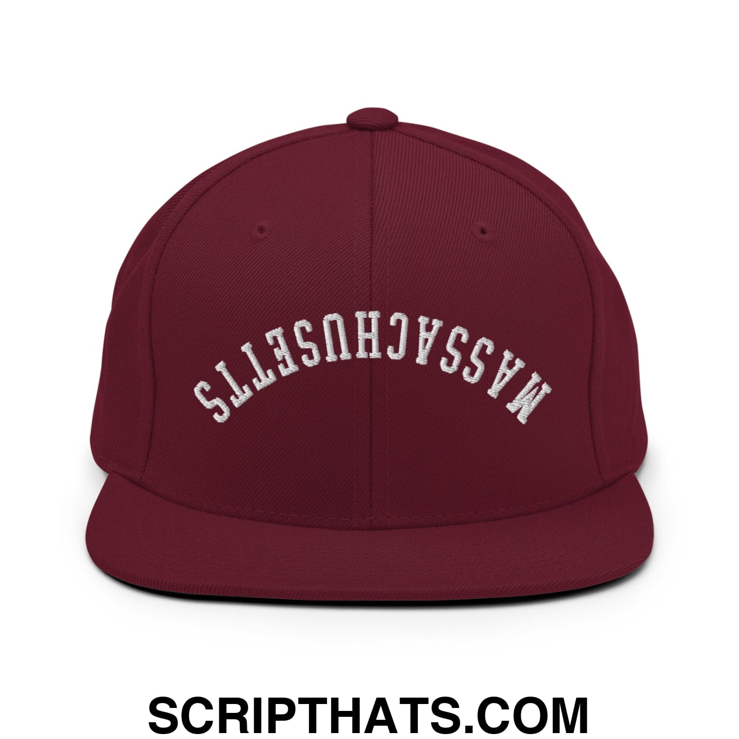 Upside Down Massachusetts Embroidered Flat Bill Brim Snapback Hat Maroon