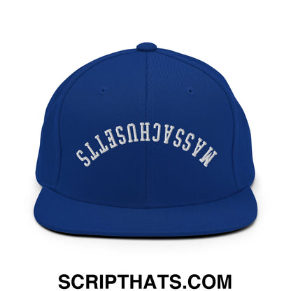 Upside Down Massachusetts Embroidered Flat Bill Brim Snapback Hat Royal Blue