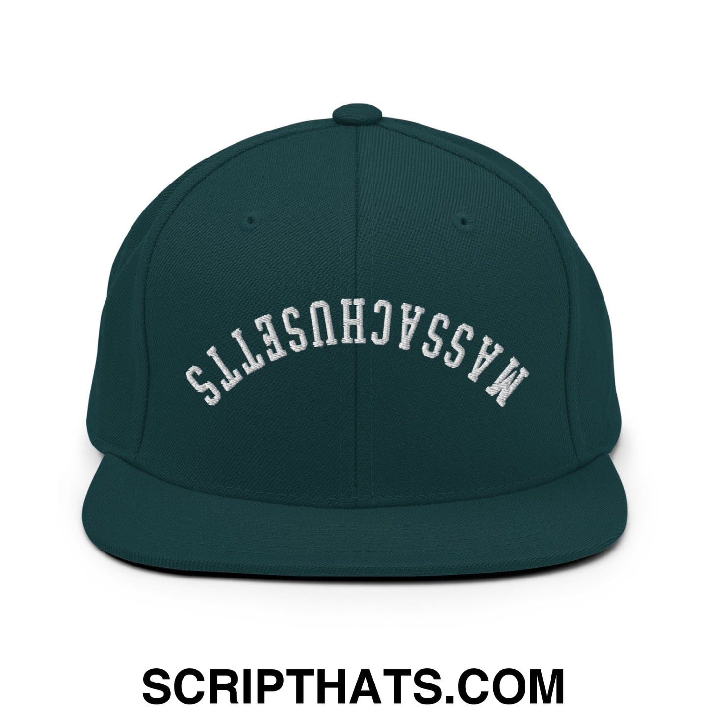 Upside Down Massachusetts Embroidered Flat Bill Brim Snapback Hat Spruce