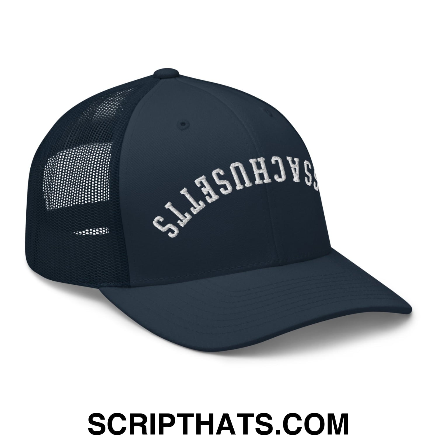 Upside Down Massachusetts Embroidered Mesh Trucker Hat Navy