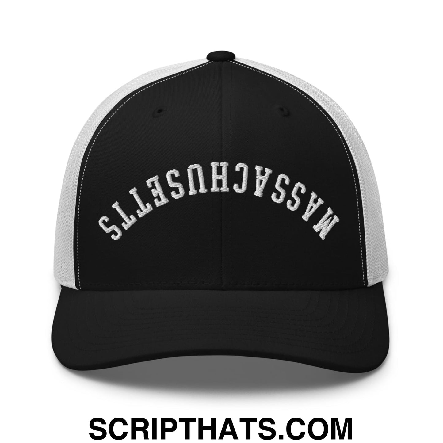 Upside Down Massachusetts Embroidered Mesh Trucker Hat Black White