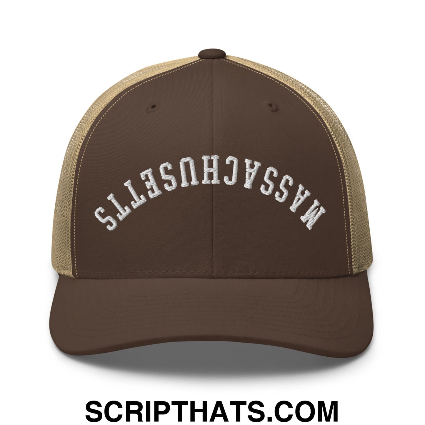 Upside Down Massachusetts Embroidered Mesh Trucker Hat Brown Khaki