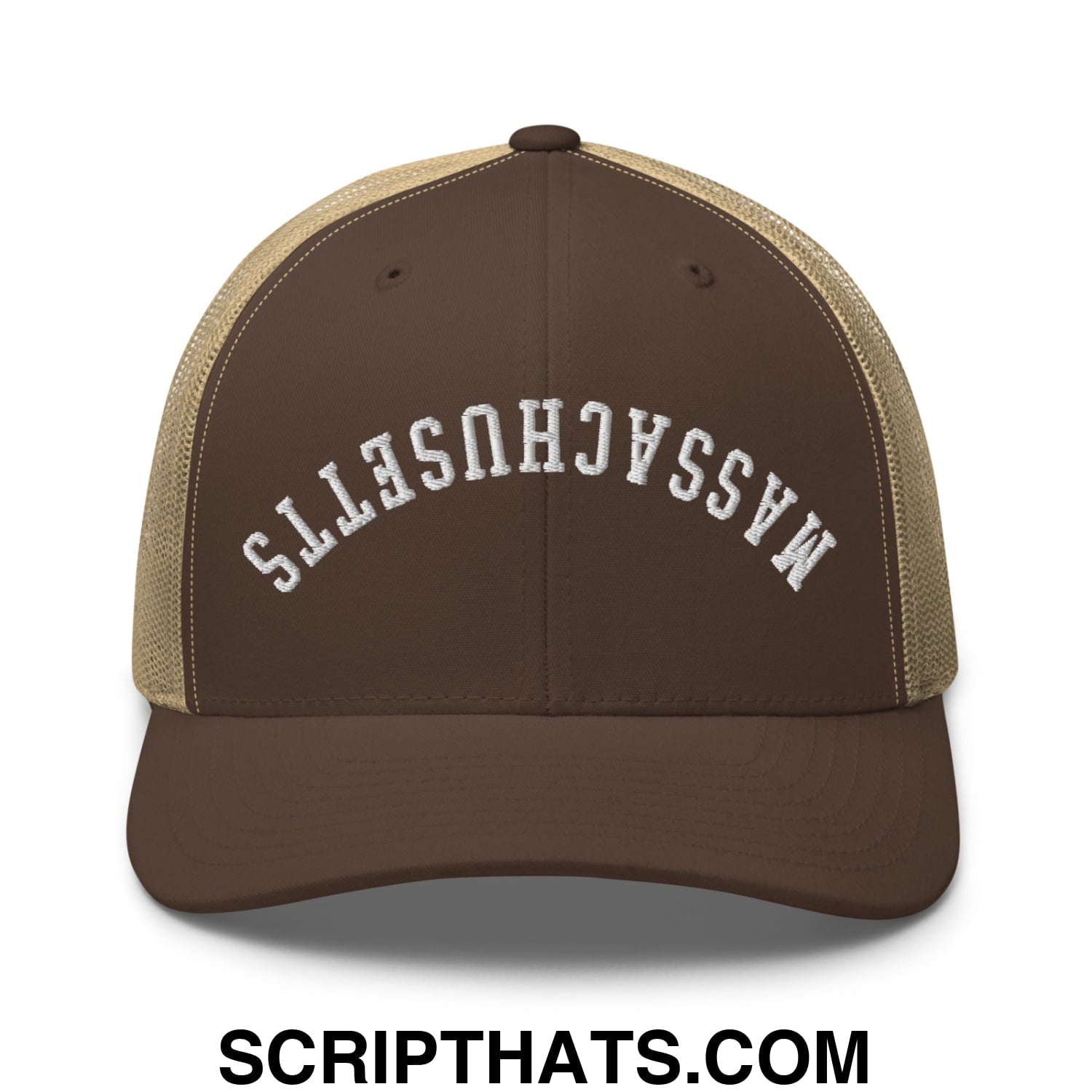 Upside Down Massachusetts Embroidered Mesh Trucker Hat Brown Khaki