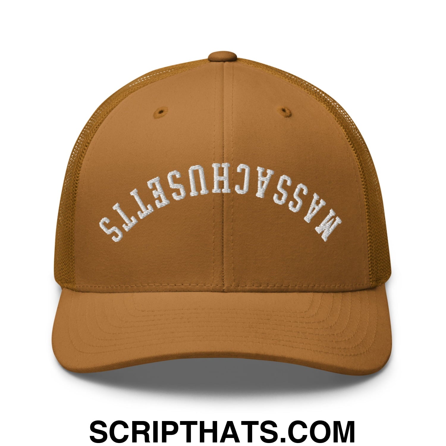 Upside Down Massachusetts Embroidered Mesh Trucker Hat Caramel