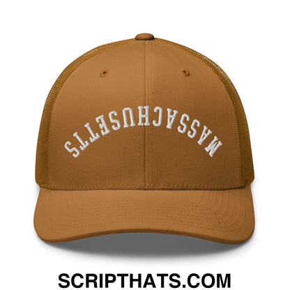 Upside Down Massachusetts Embroidered Mesh Trucker Hat Caramel
