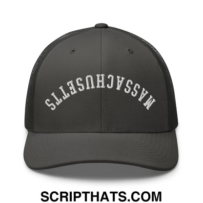 Upside Down Massachusetts Embroidered Mesh Trucker Hat Charcoal