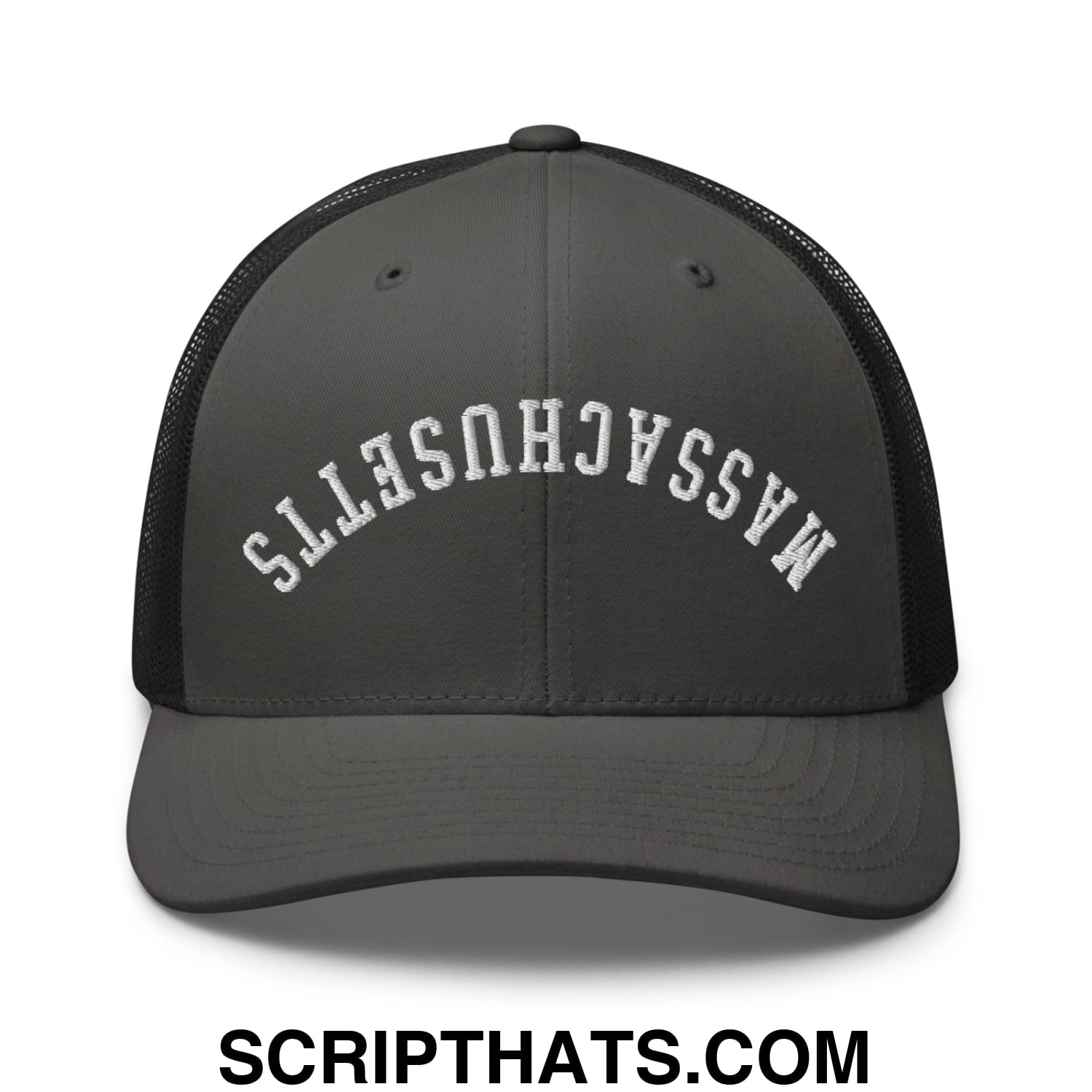 Upside Down Massachusetts Embroidered Mesh Trucker Hat Charcoal Black