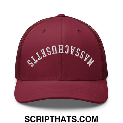 Upside Down Massachusetts Embroidered Mesh Trucker Hat Cranberry