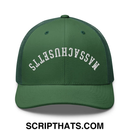 Upside Down Massachusetts Embroidered Mesh Trucker Hat Evergreen