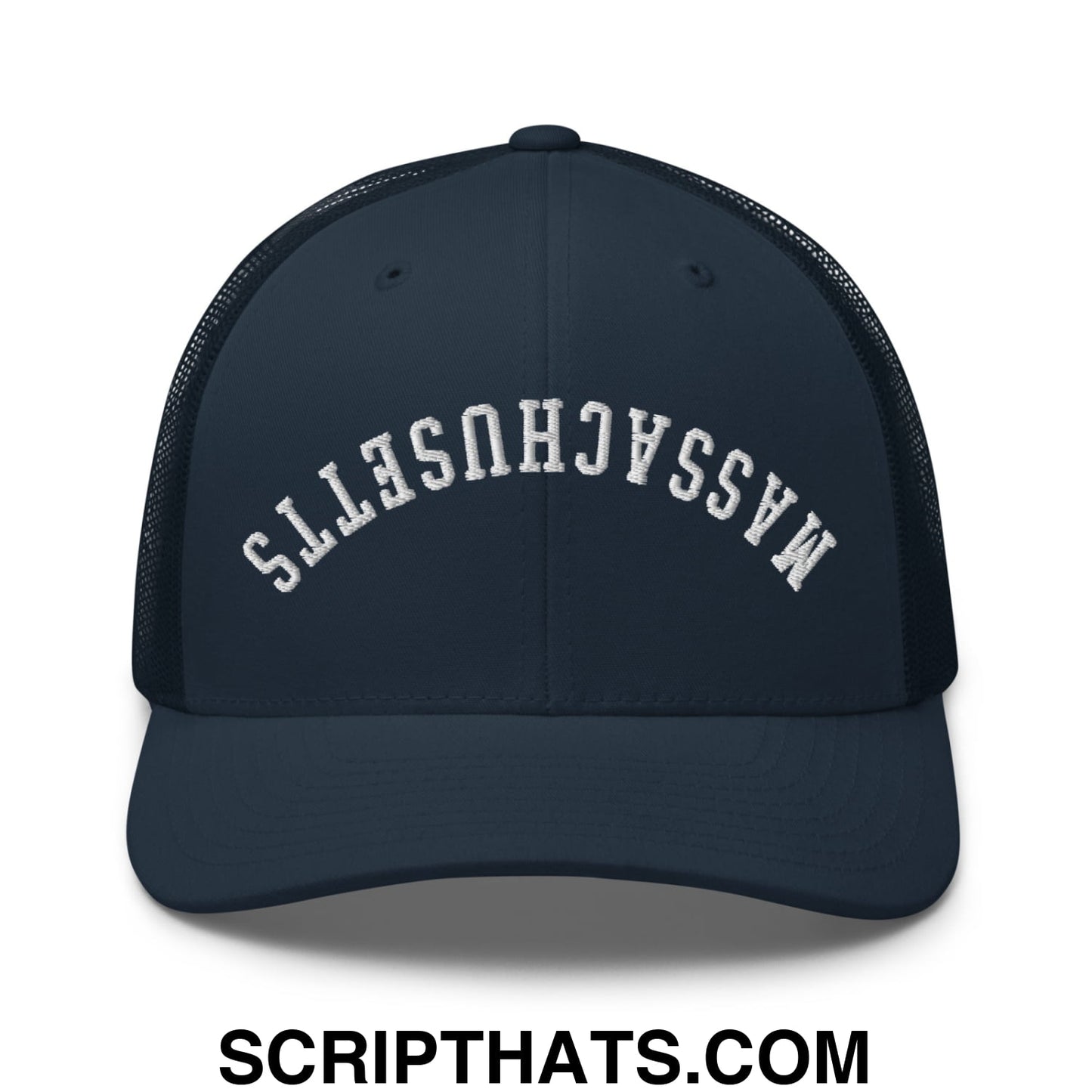 Upside Down Massachusetts Embroidered Mesh Trucker Hat Navy