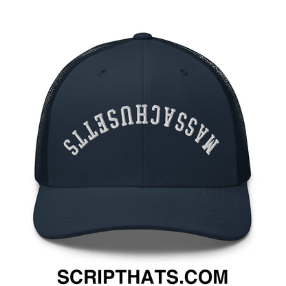 Upside Down Massachusetts Embroidered Mesh Trucker Hat Navy