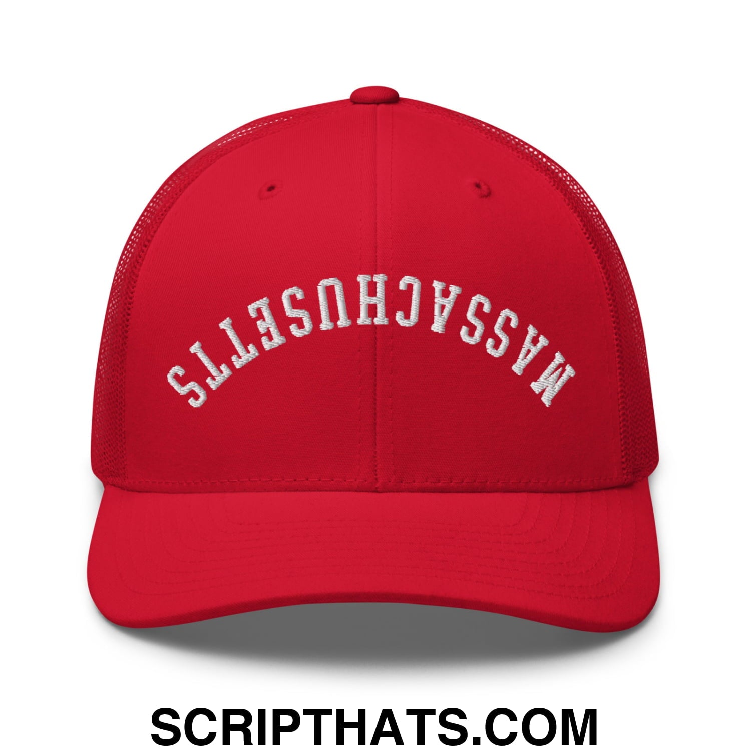Upside Down Massachusetts Embroidered Mesh Trucker Hat Red