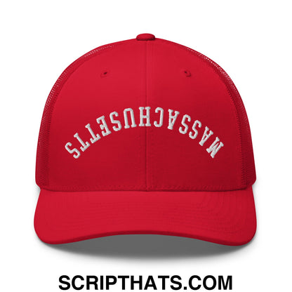 Upside Down Massachusetts Embroidered Mesh Trucker Hat Red