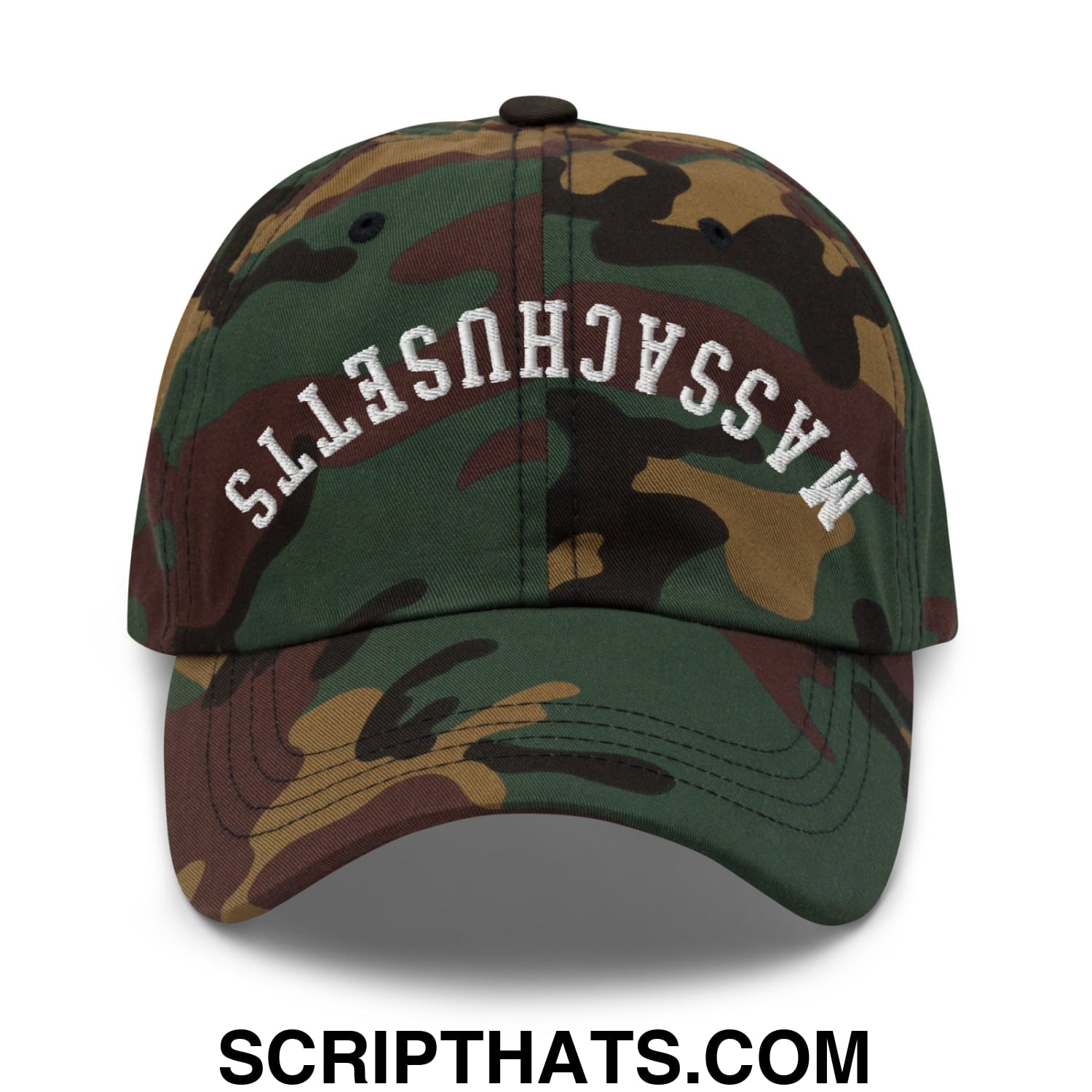 Upside Down Massachusetts Embroidered Unstructured Dad Hat Green Camo