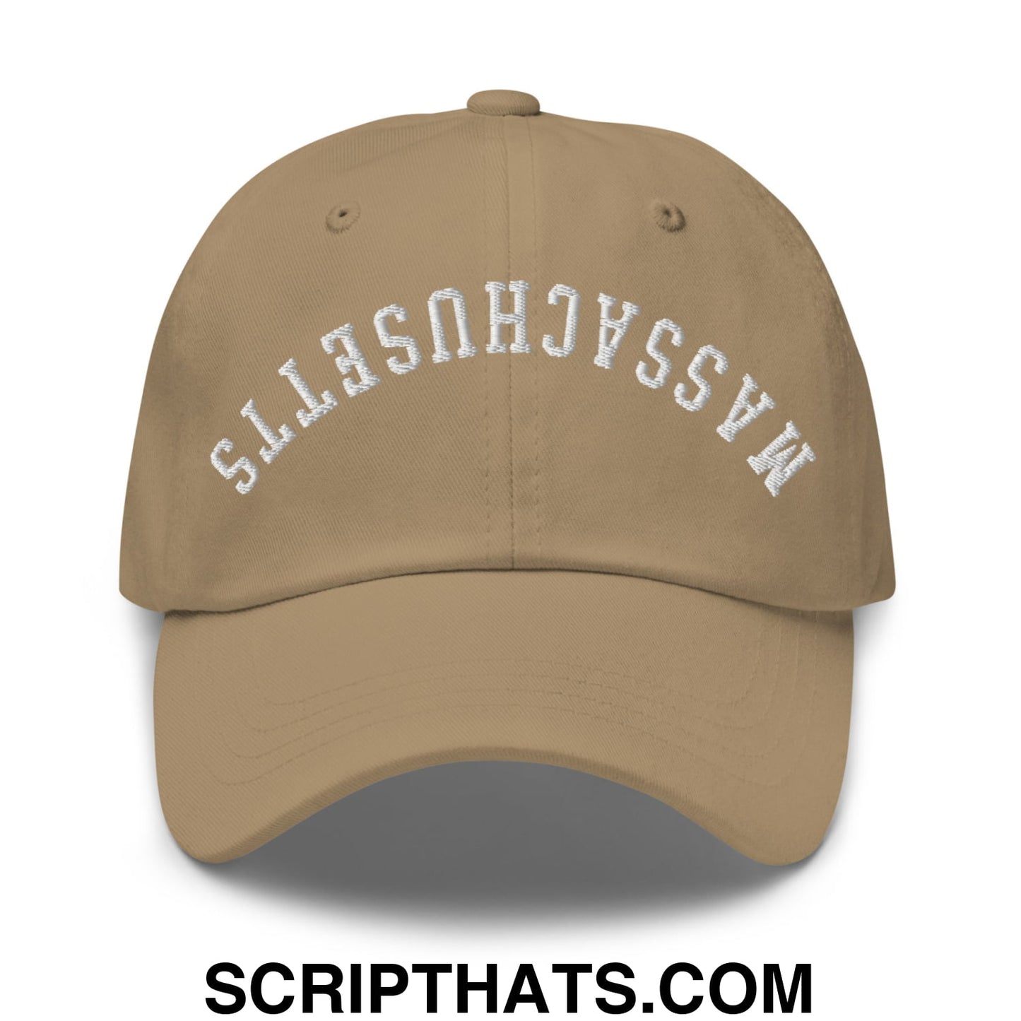 Upside Down Massachusetts Embroidered Unstructured Dad Hat Khaki
