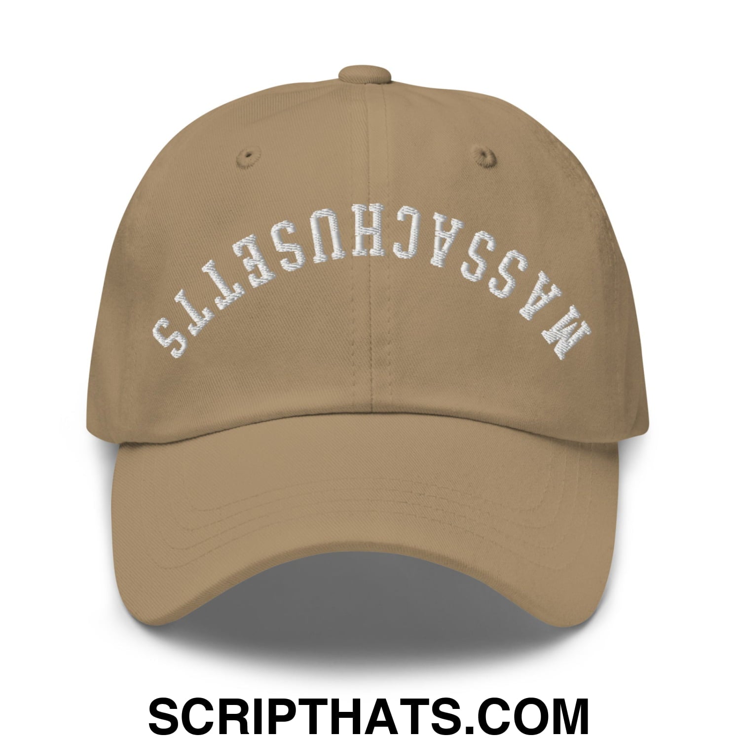 Upside Down Massachusetts Embroidered Unstructured Dad Hat Khaki