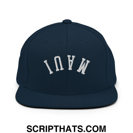 Navy blue snapback hat with white embroidered upside down maui lettering and flat bill brim design