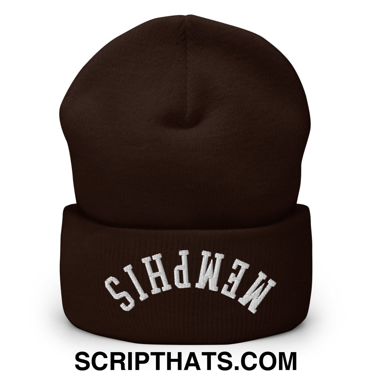 Upside Down Memphis Embroidered Cuffed Knit Beanie Brown