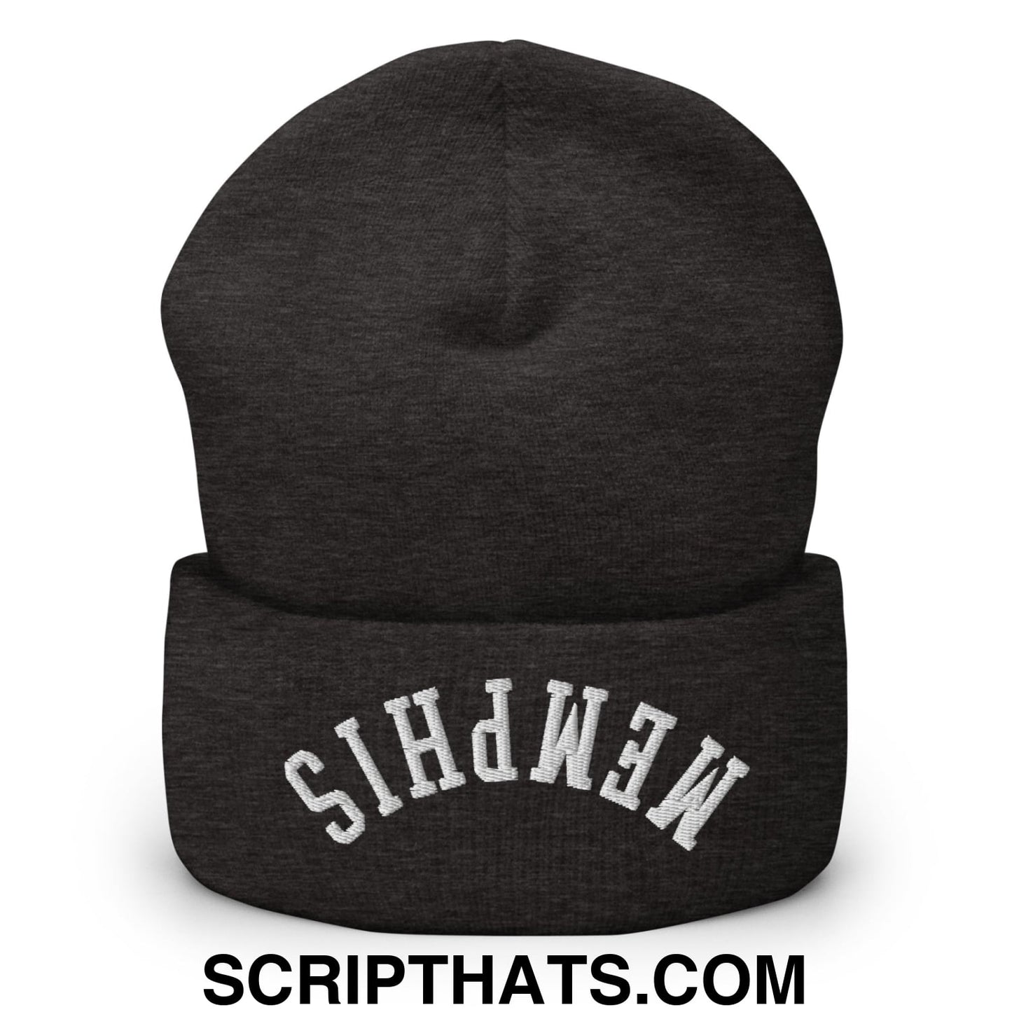 Upside Down Memphis Embroidered Cuffed Knit Beanie Dark Grey