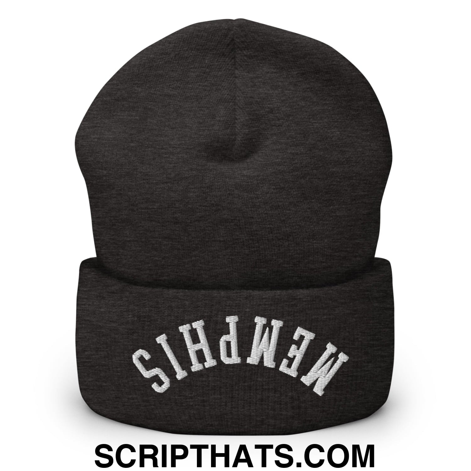 Upside Down Memphis Embroidered Cuffed Knit Beanie Dark Grey