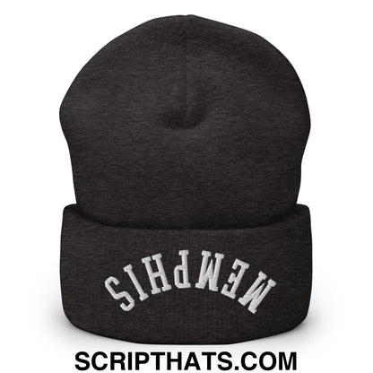 Upside Down Memphis Embroidered Cuffed Knit Beanie Dark Grey