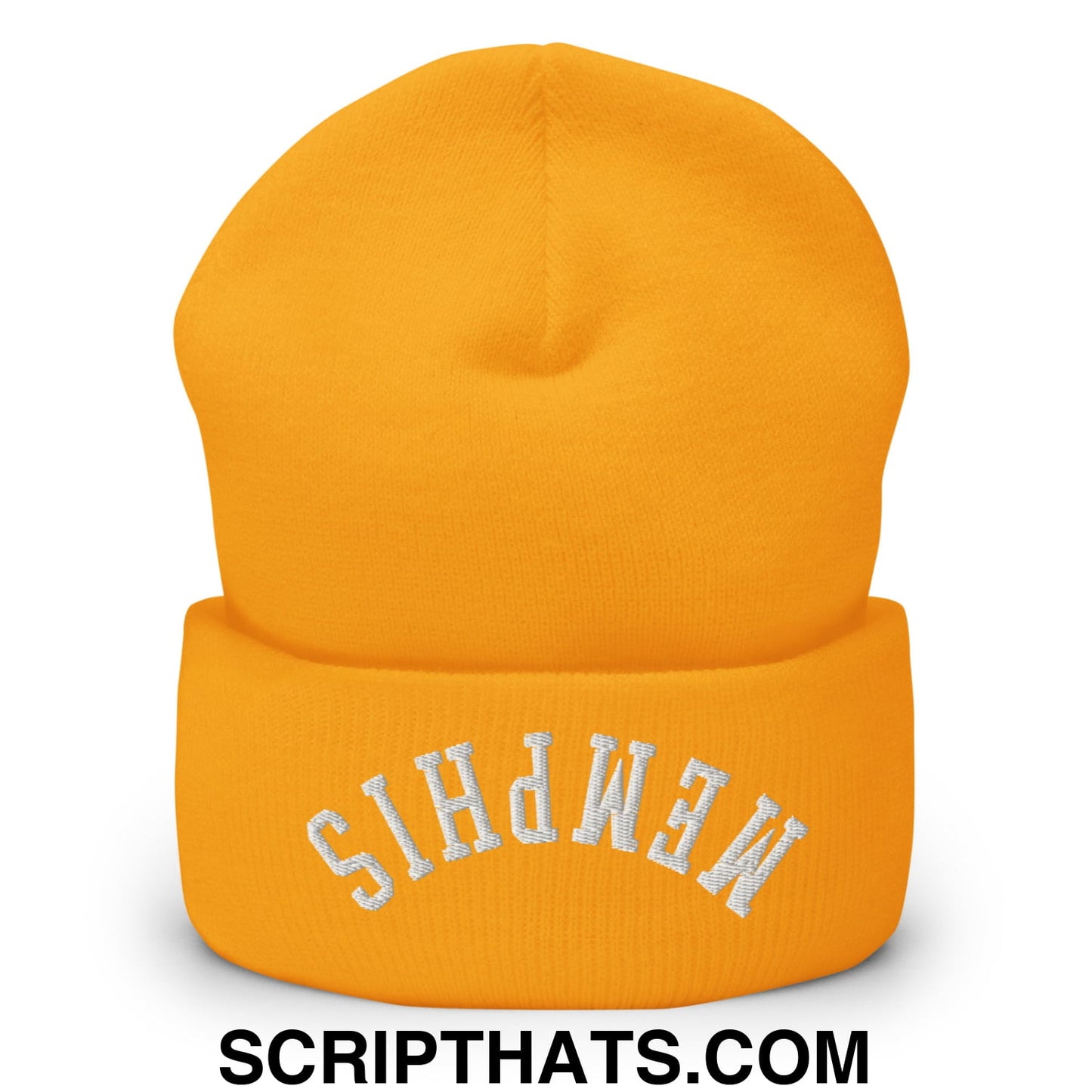 Upside Down Memphis Embroidered Cuffed Knit Beanie Gold