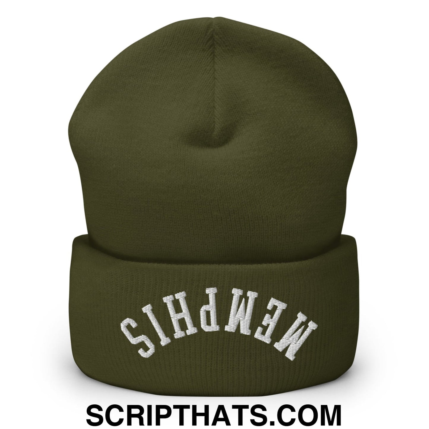 Upside Down Memphis Embroidered Cuffed Knit Beanie Olive