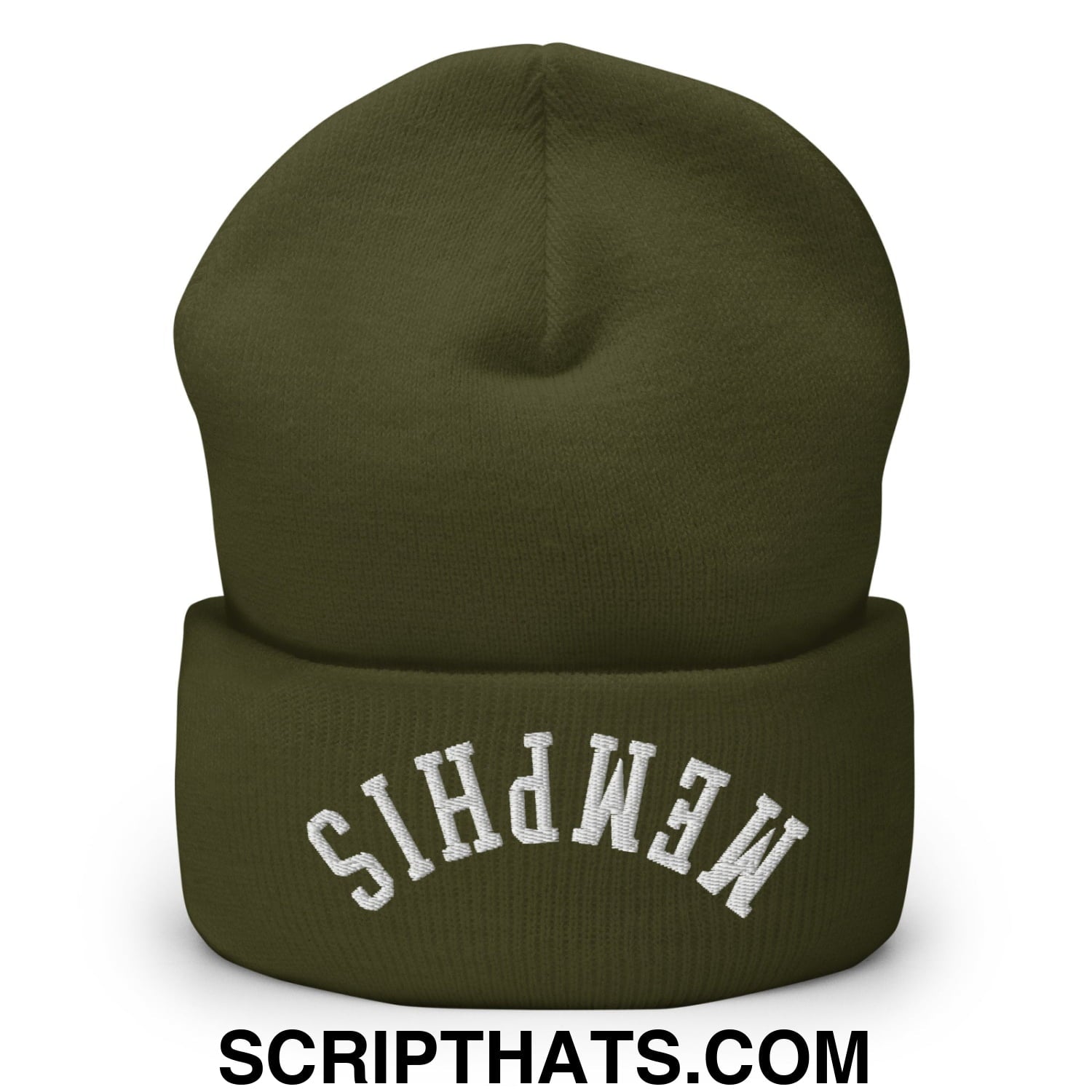 Upside Down Memphis Embroidered Cuffed Knit Beanie Olive