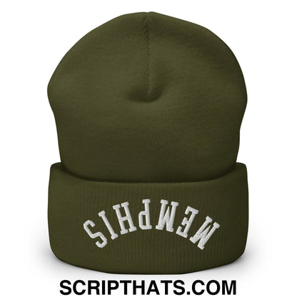 Upside Down Memphis Embroidered Cuffed Knit Beanie Olive