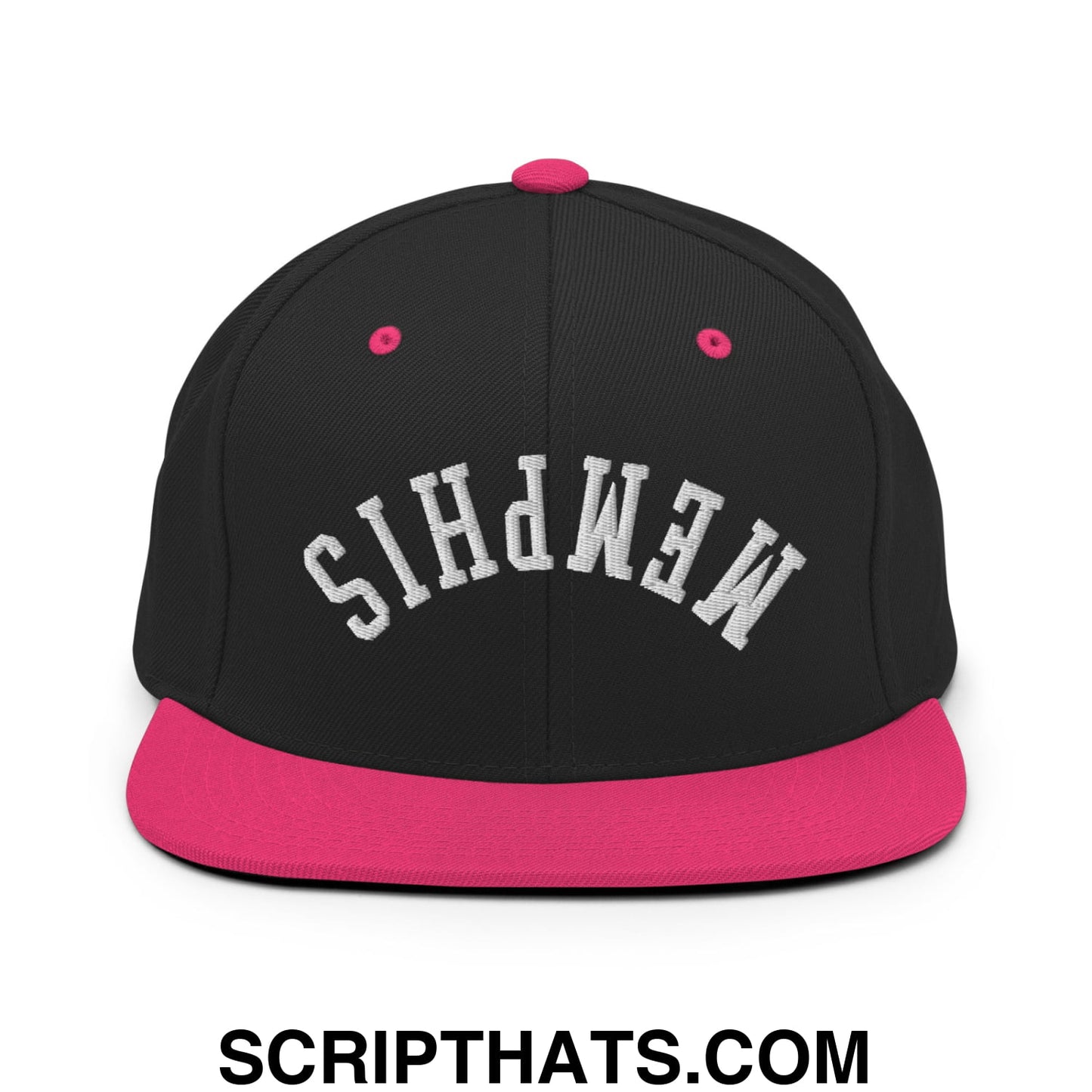 Upside Down Memphis Embroidered Flat Bill Brim Snapback Hat Black Neon Pink