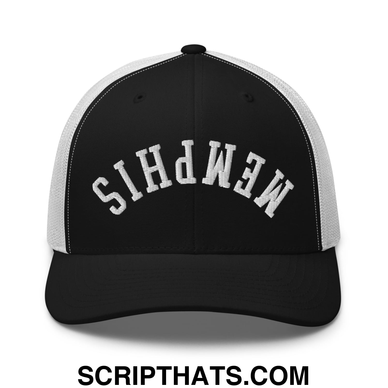 Upside Down Memphis Embroidered Mesh Trucker Hat Black White