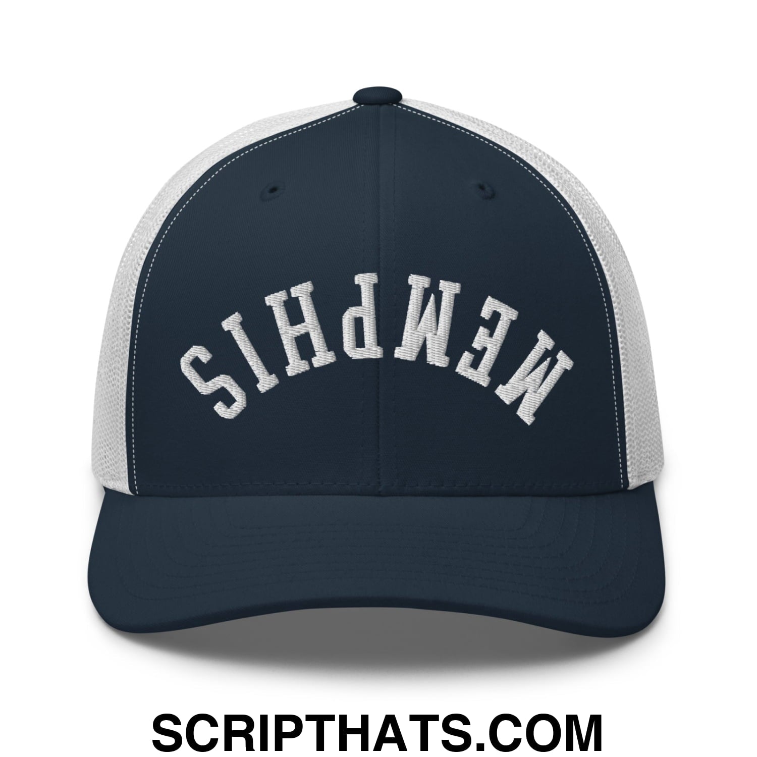 Upside Down Memphis Embroidered Mesh Trucker Hat Navy White