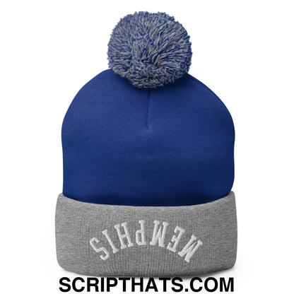 Upside Down Memphis Embroidered Pom Pom Knit Beanie Royal Heather Grey