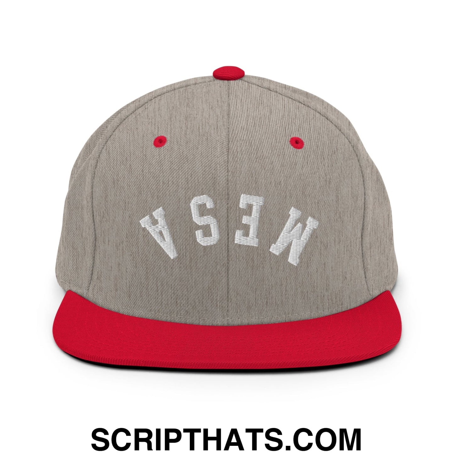 Upside Down Mesa Embroidered Flat Brim Bill Snapback Hat Heather Grey Red