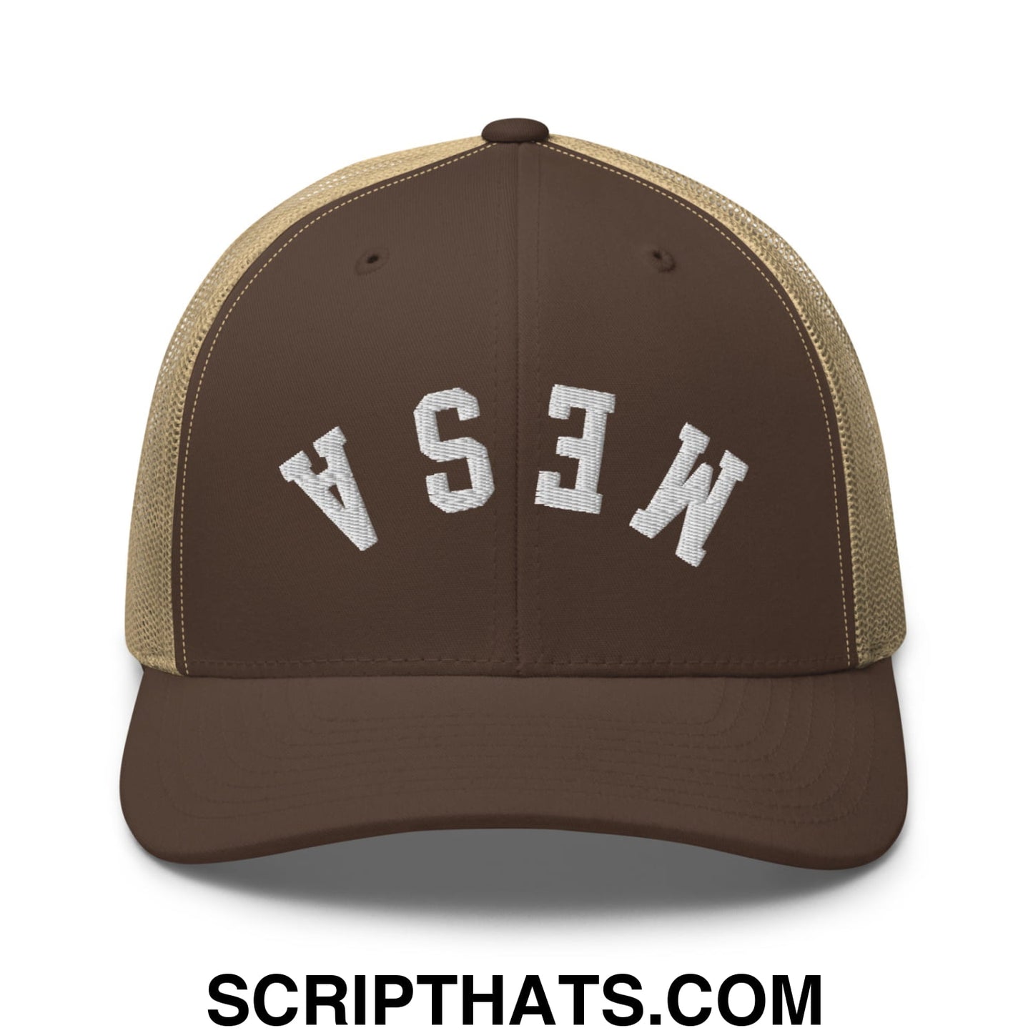 Upside Down Mesa Embroidered Mesh Trucker Hat Brown Khaki