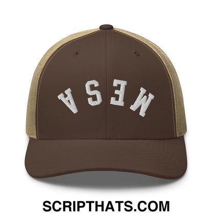 Upside Down Mesa Embroidered Mesh Trucker Hat Brown Khaki