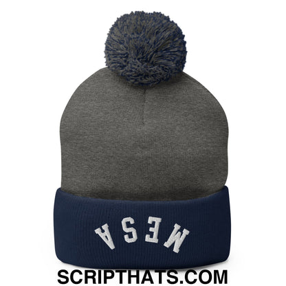 Upside Down Mesa embroidered pom pom knit beanie in heather gray with navy cuff and white lettering made of knit fabric