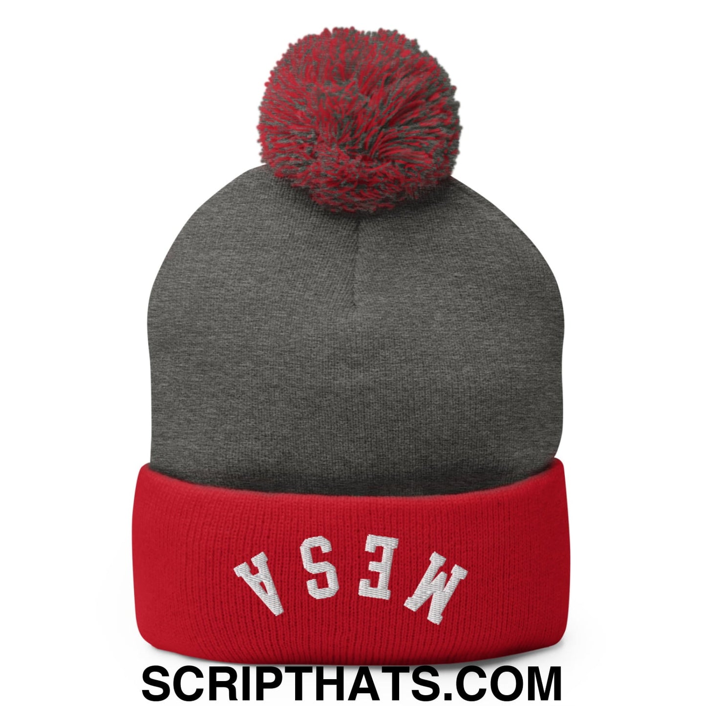 Gray and red knit beanie with pom pom featuring mesa embroidered in white on the folded cuff